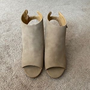 Brash Taupe Faux Quede Wedge Open-Toed Heels